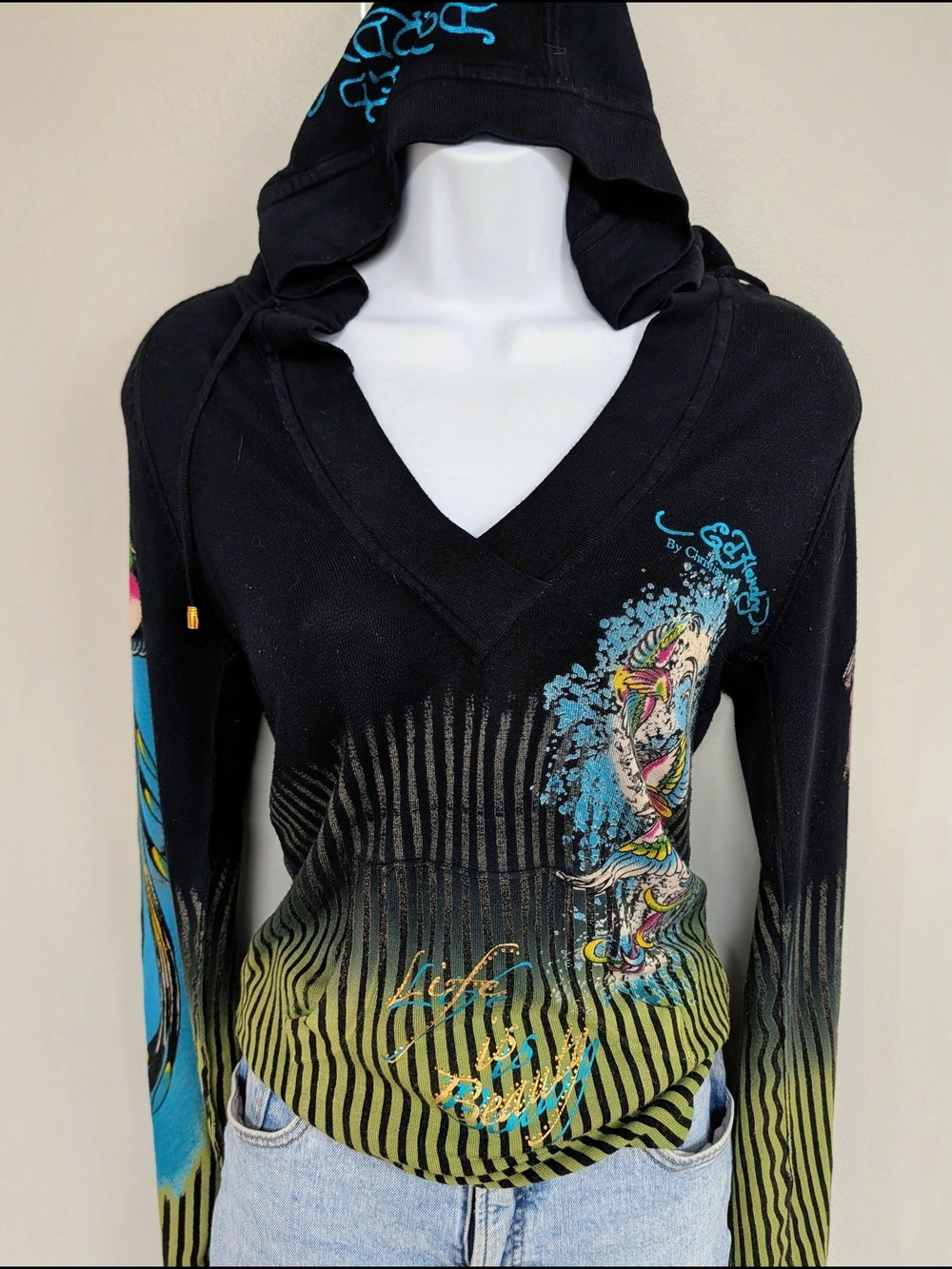 Vintage Ed Hardy Black Hooded V-Neck Sweater